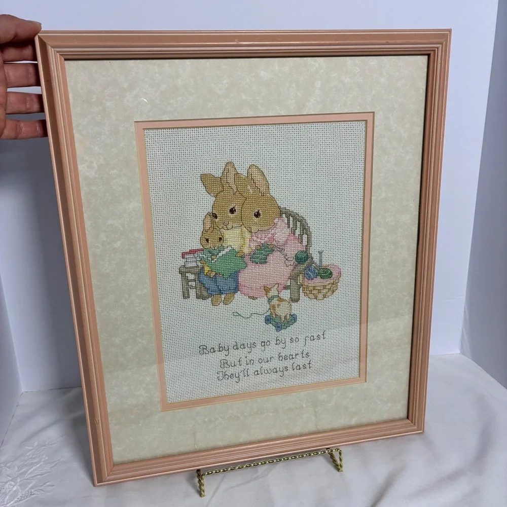 Handmade Framed Cross Stitch Nursery Art Bunny Family Baby Days Poem Cottage